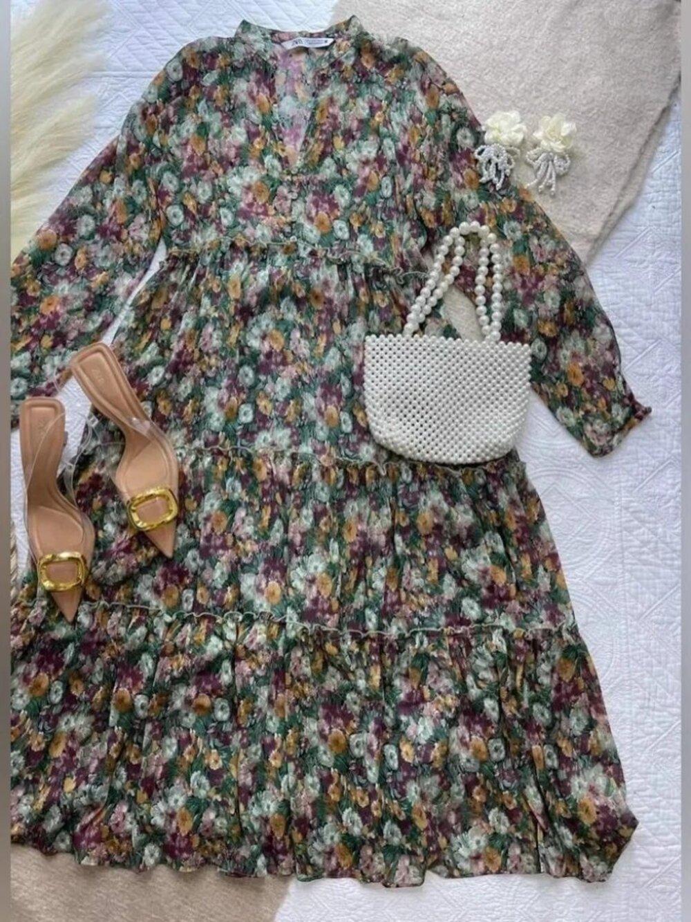 Zara Boho Floral Dress Midi Long Sleeve Buttons Front Size L NWT